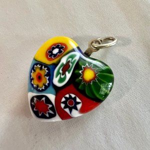 Millefiore Style Colorful Art Milk Glass Heart Silver Tone Pendant